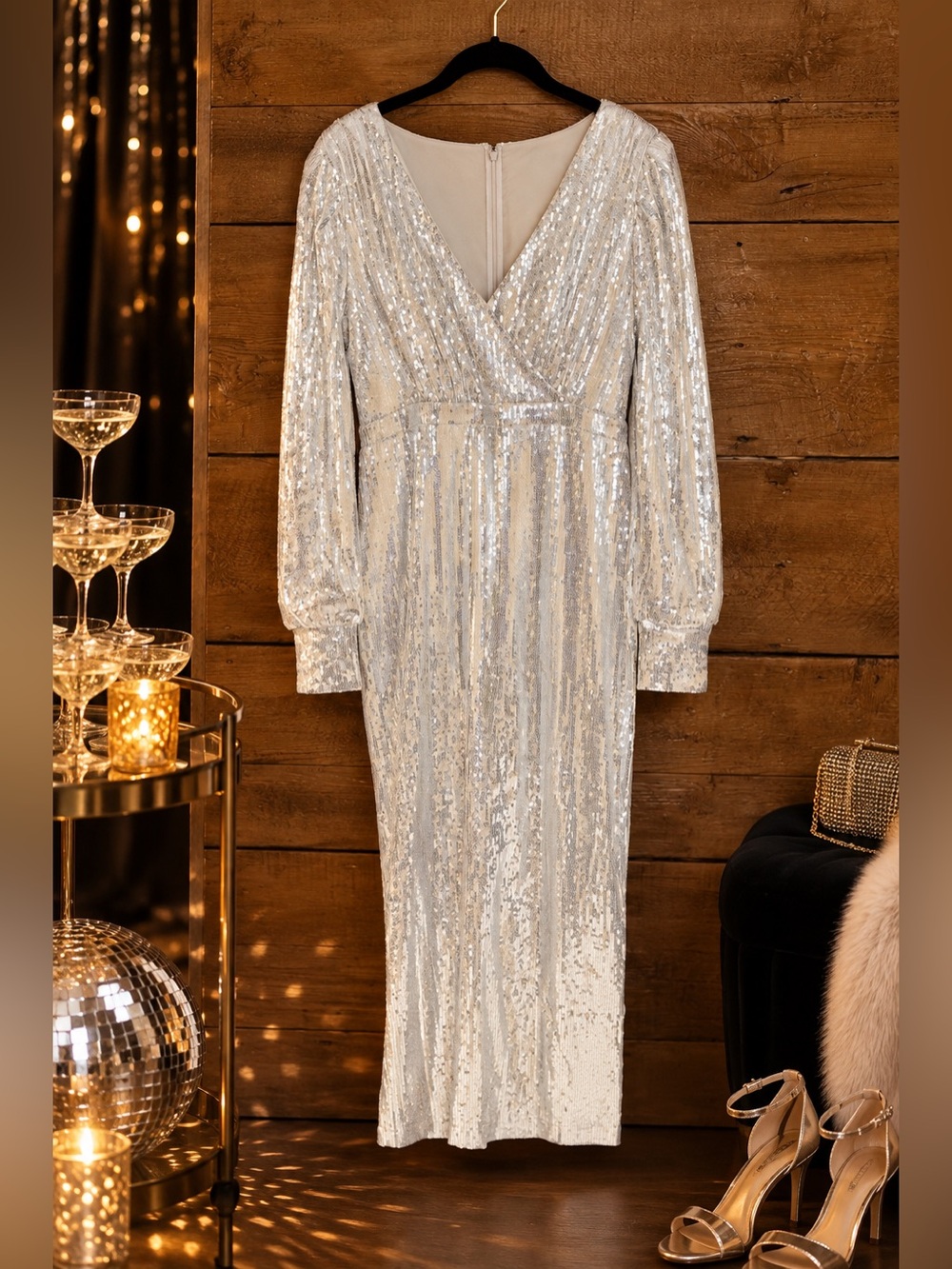 VENUS Silver Sequin Maxi Dress L Long Sleeve Holiday NYE Party Gown